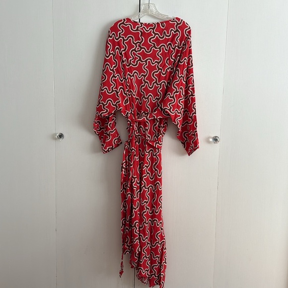 Diane Von Furstenberg Eloise Red Wrap Long Sleeve Midi Dress Asymmetrical Sz. XL - Picture 5 of 13